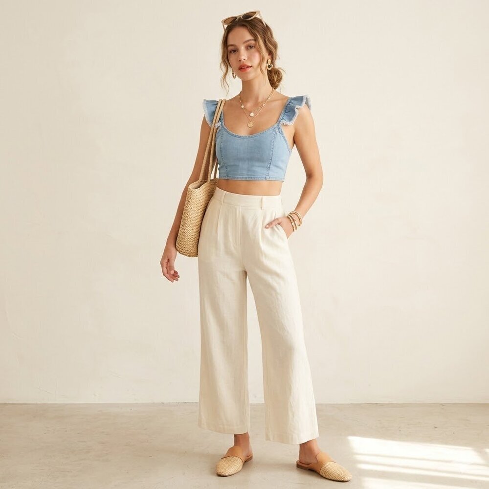 NWT MINKPINK Bella Denim Crop Top Chambray Ruffle Strap XS Summer